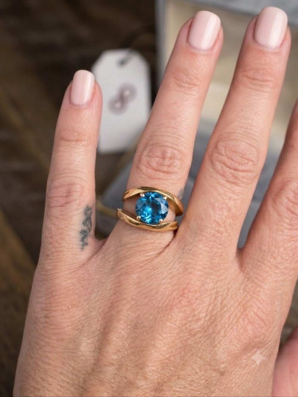 🌙Vintage 14k Blue Topaz Modernist Ring Sz 7 In Box